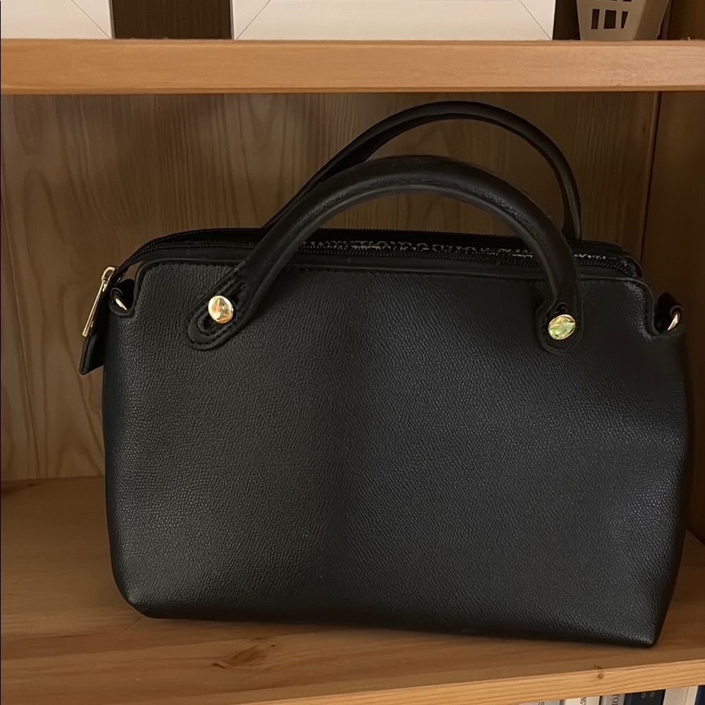 Black Textured Leather Tote with Gold Accents